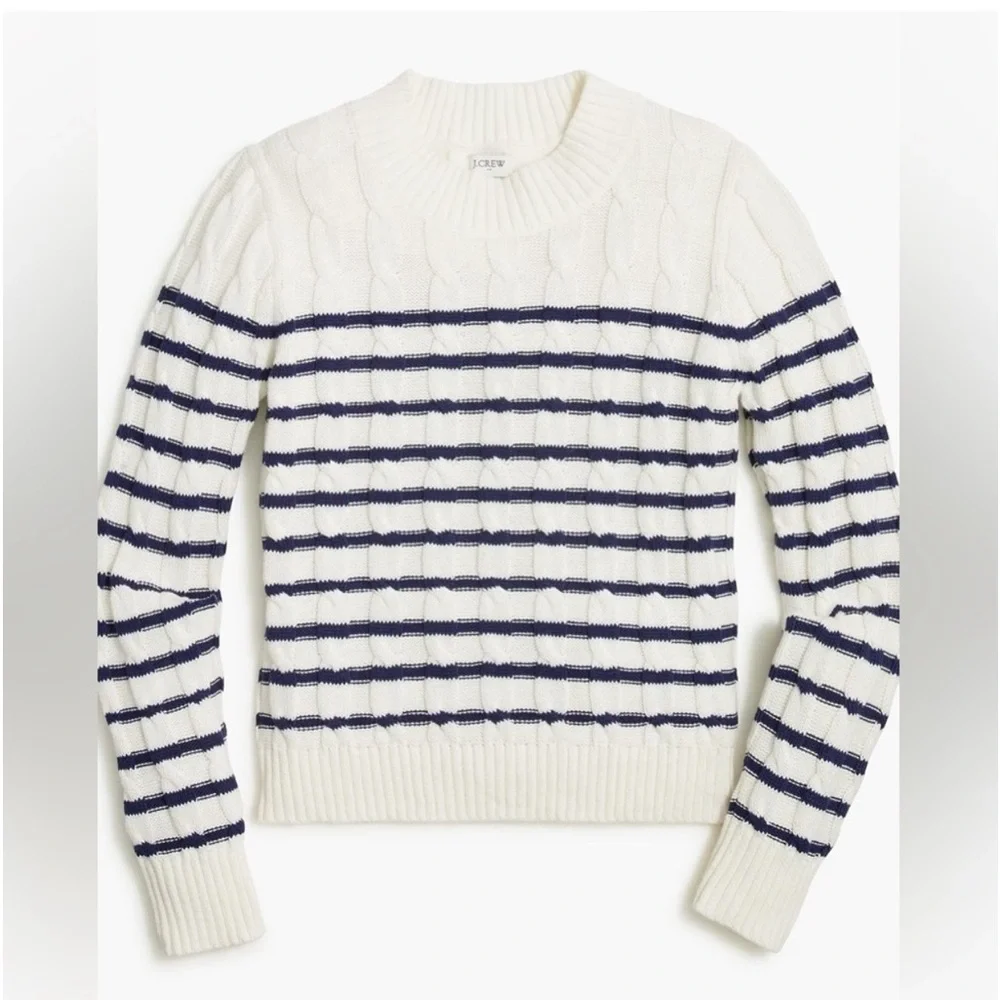 J.Crew  Women’s cable mockneck sweater Off white With Navy Stripes Size M
